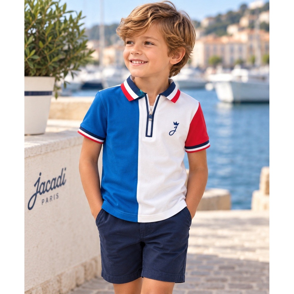 Jacadi Paris Boys 6A 116 Colorblock Polo Shirt Quarter Zip Cotton Stretch Logo